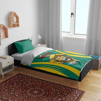 Green and yellow football bedding set on a bed with lion graphic, matching pillows, “Your Text”.