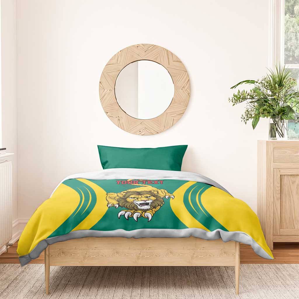 Green and yellow bedding set featuring lion artwork on duvet with two pillowcases, “Your Text”.