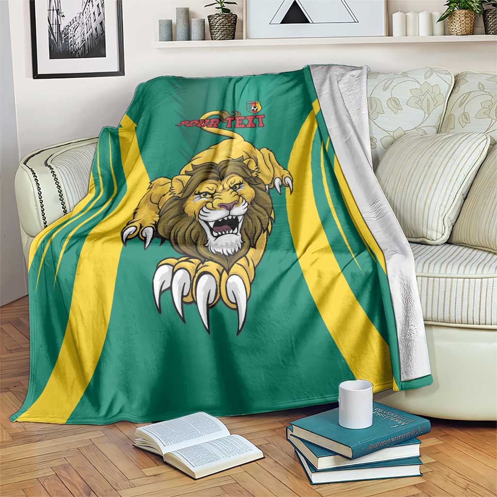 Green Cameroon football blanket with yellow stripes, roaring lion, and Your Text