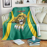 Green Cameroon football blanket with yellow stripes, roaring lion, and Your Text