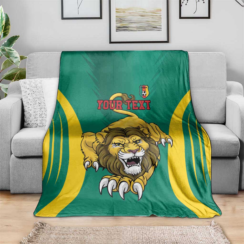 Green football blanket on couch with yellow curved stripes, lion face graphic, Your Text