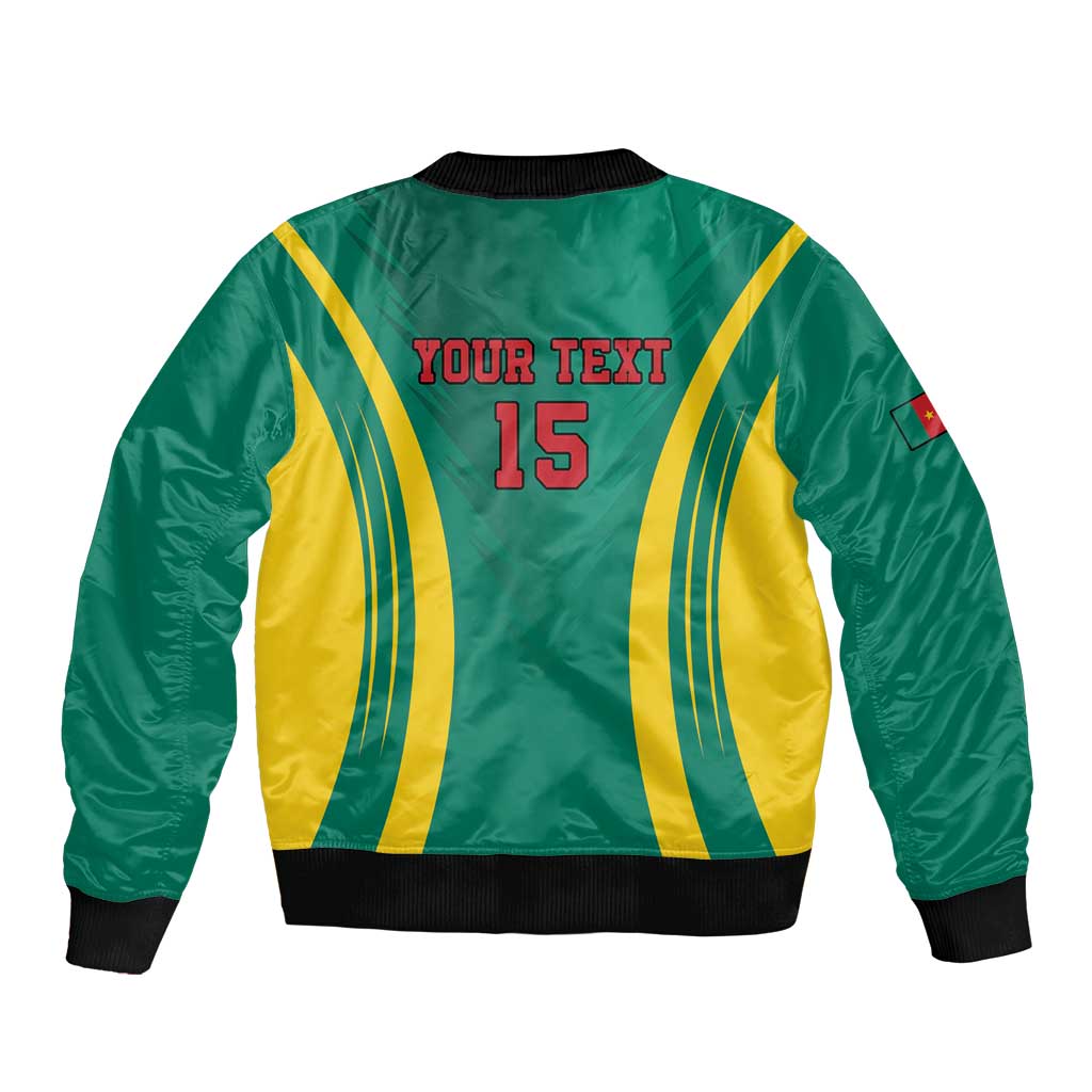 Green and yellow football bomber jacket with striped back panel, “YOUR TEXT” and 15