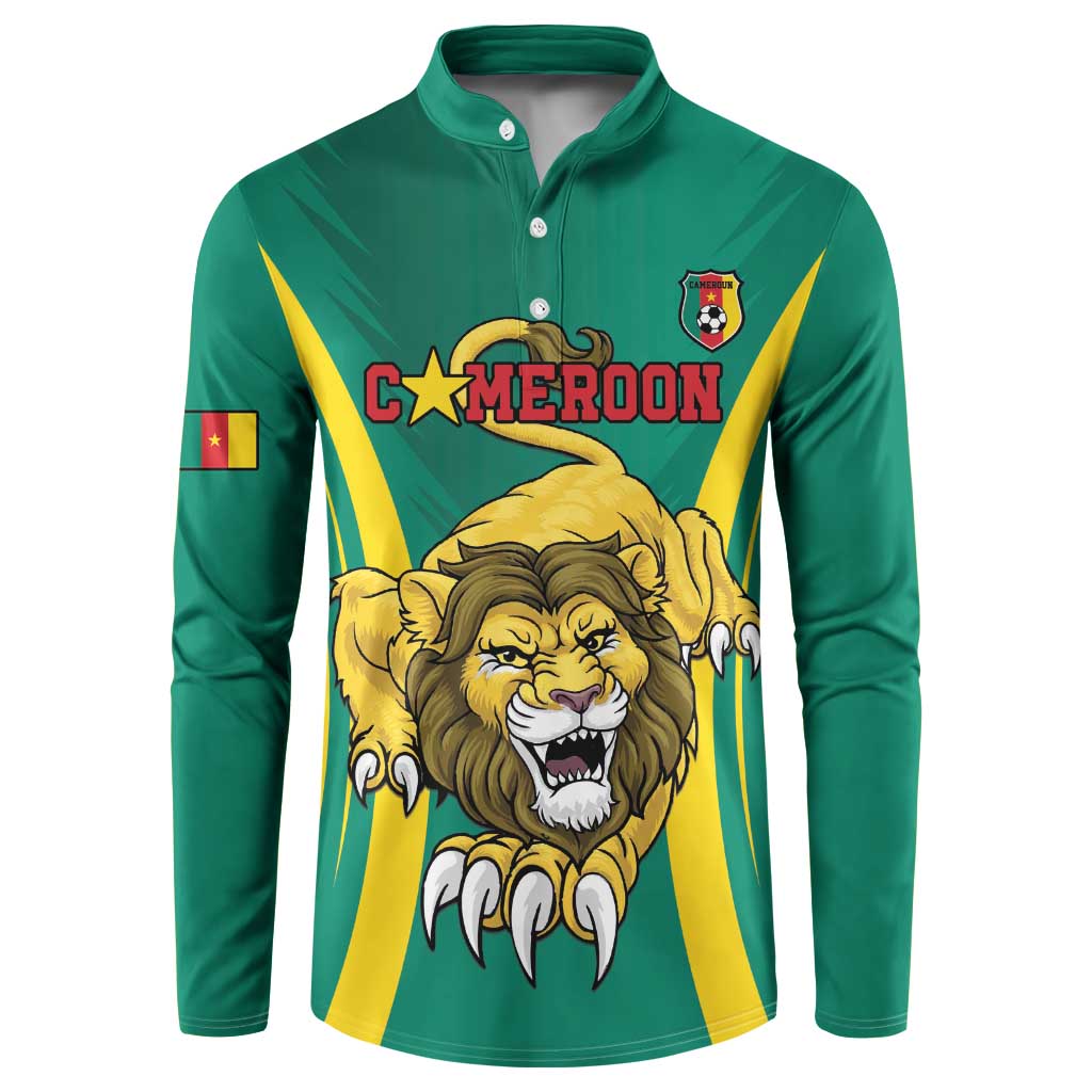 Green button football sweatshirt, front 'CAMEROON' lion graphic with yellow-blue stripe accents