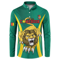 Green button football sweatshirt, front 'CAMEROON' lion graphic with yellow-blue stripe accents