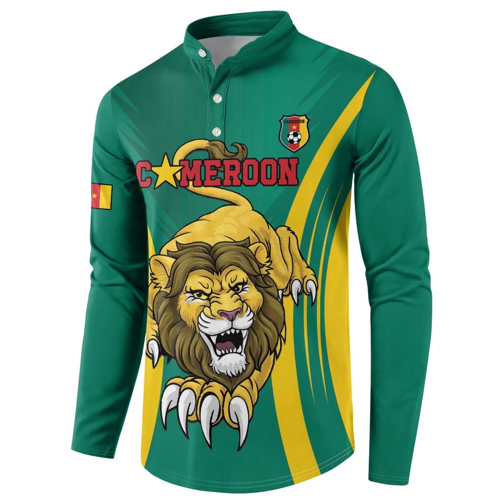 Green button football sweatshirt, angled front lion mascot with 'CAMEROON' text and badge