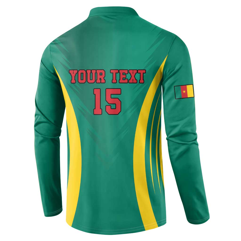 Green button football sweatshirt, back 'Your Text 15' with yellow-blue stripes and flag patch