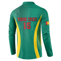 Green button football sweatshirt, back 'Your Text 15' with yellow-blue stripes and flag patch