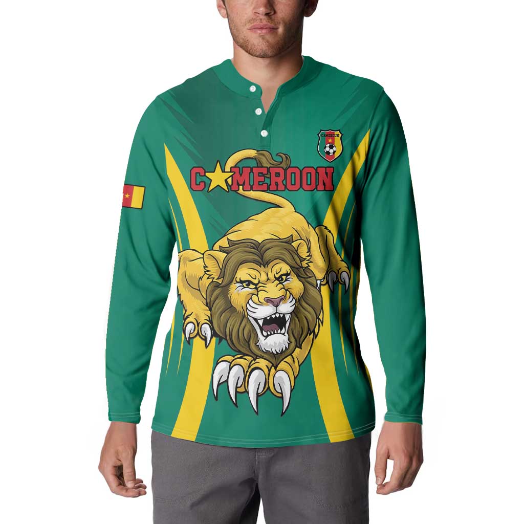 Green button football sweatshirt, front lion crest graphic with CAMEROON wordmark