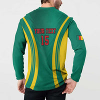 Green button football sweatshirt, back 'Your Text 15' with yellow-blue stripe panels
