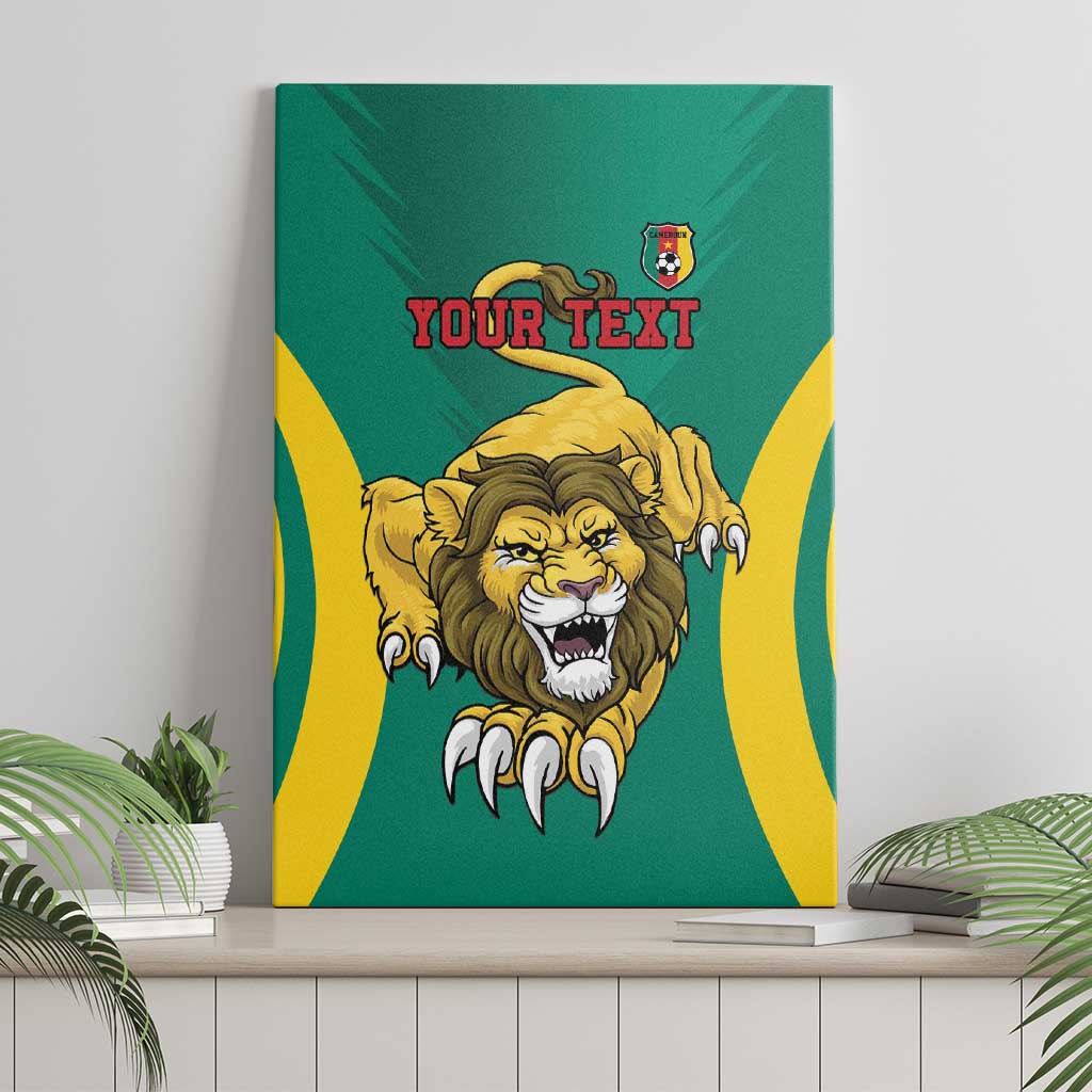 Green canvas wall art featuring a lion head with yellow flag-style stripes and 'YOUR TEXT'