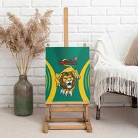Green canvas wall art with roaring lion graphic, yellow stripes, and 'YOUR TEXT' text