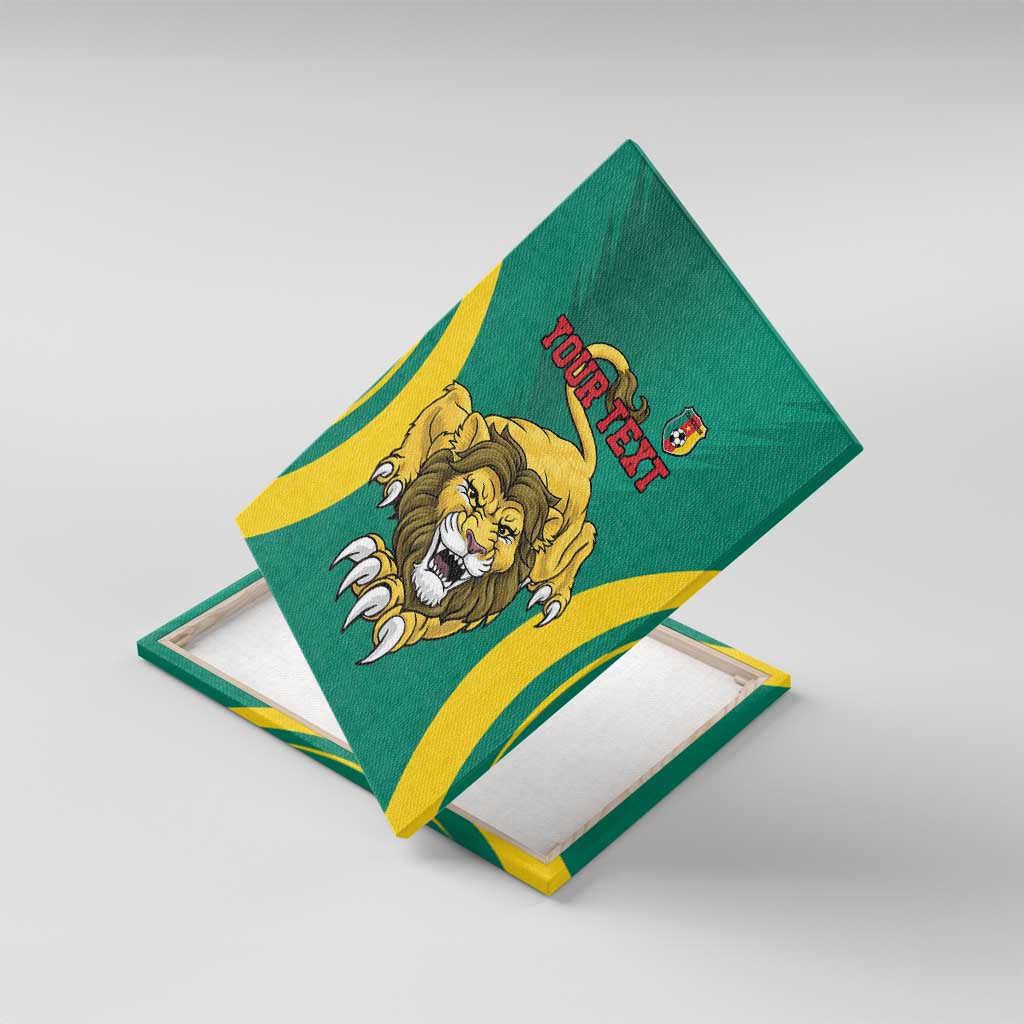Green canvas wall art angled view with lion graphic, yellow stripes, and 'YOUR TEXT'