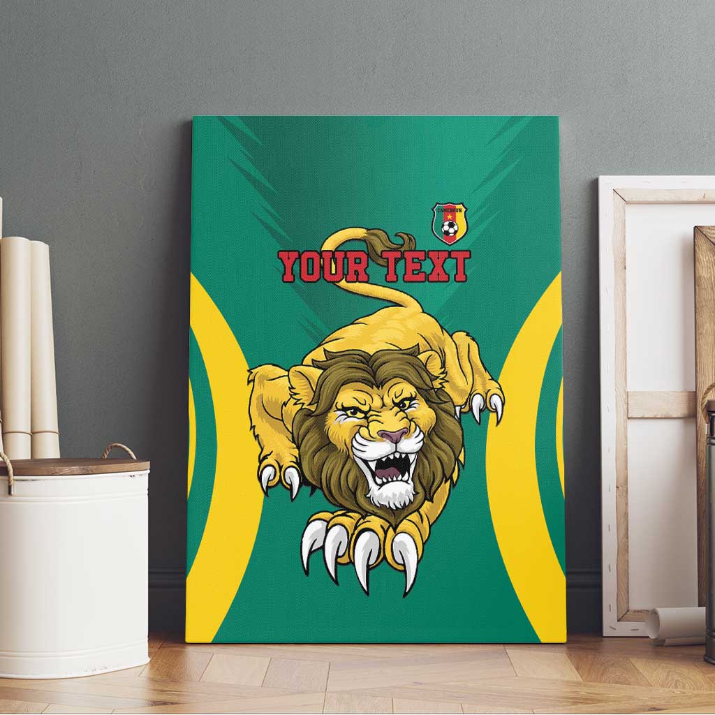 Green canvas wall art with lion face artwork, yellow curved stripes, and 'YOUR TEXT'