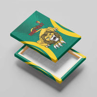 Green canvas wall art top view: lion face, yellow diagonal stripes, and 'YOUR TEXT'