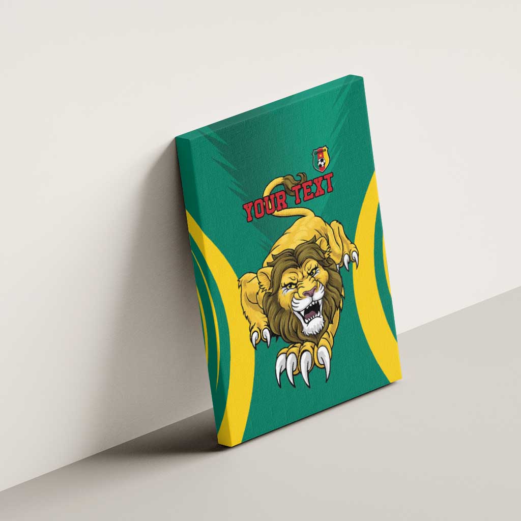 Green canvas wall art mounted on wall with lion graphic, yellow stripes, 'YOUR TEXT'