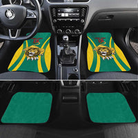 Green car floor mat set with lion crest, yellow/green stripes, and “YOUR TEXT 15”