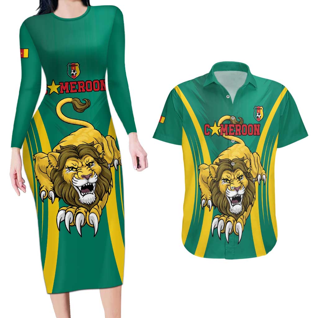 Custom Cameroon Football Couples Matching Long Sleeve Bodycon Dress and Hawaiian Shirt Go Indomitable Lions