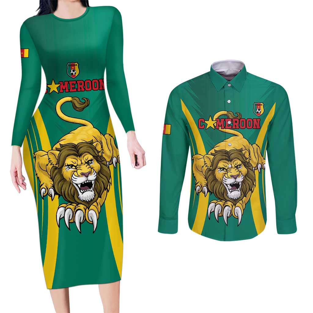 Custom Cameroon Football Couples Matching Long Sleeve Bodycon Dress and Long Sleeve Button Shirt Go Indomitable Lions