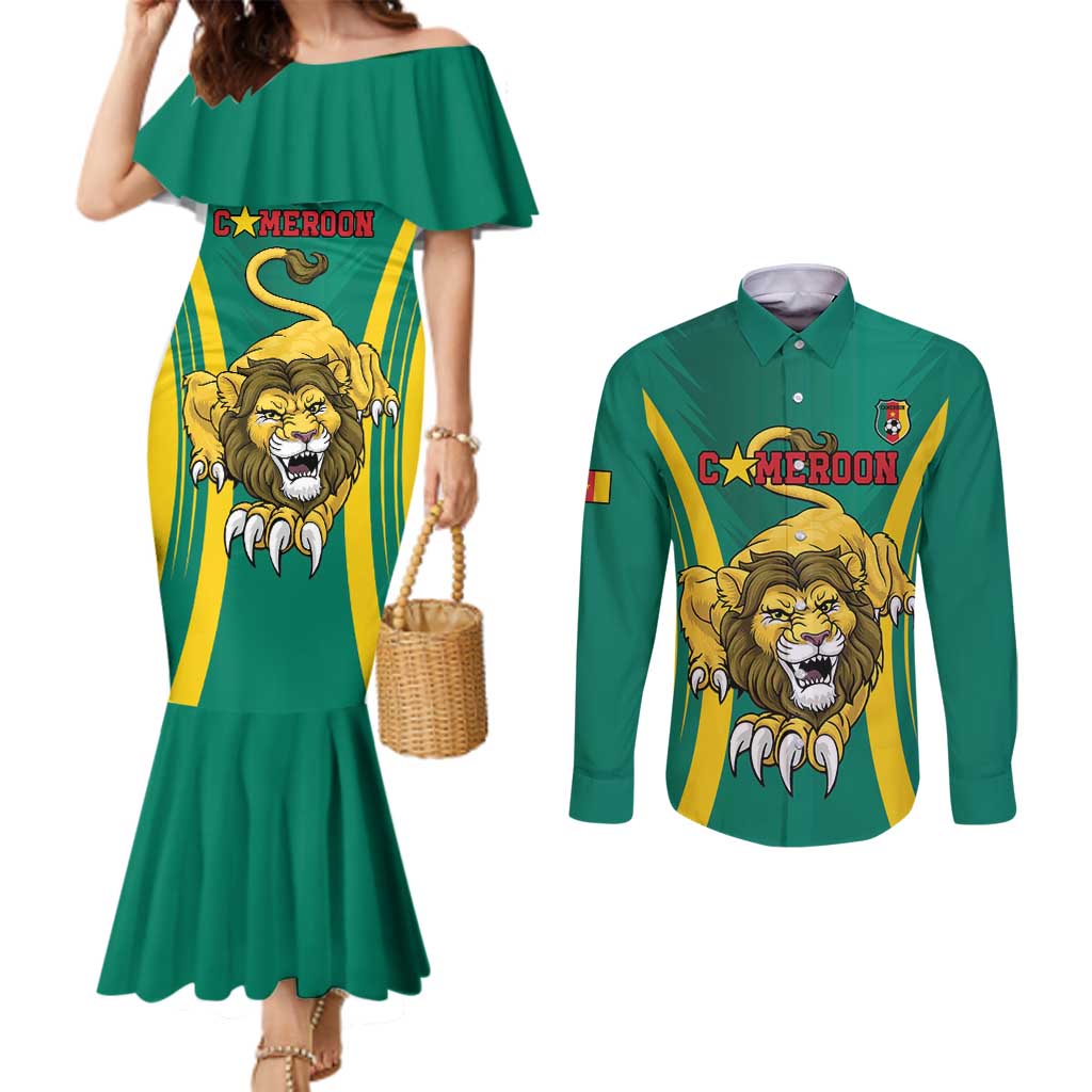 Custom Cameroon Football Couples Matching Mermaid Dress and Long Sleeve Button Shirt Go Indomitable Lions