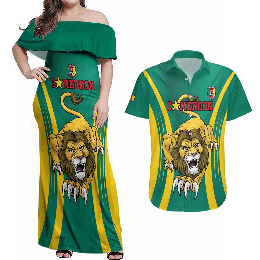 Custom Cameroon Football Couples Matching Off Shoulder Maxi Dress and Hawaiian Shirt Go Indomitable Lions