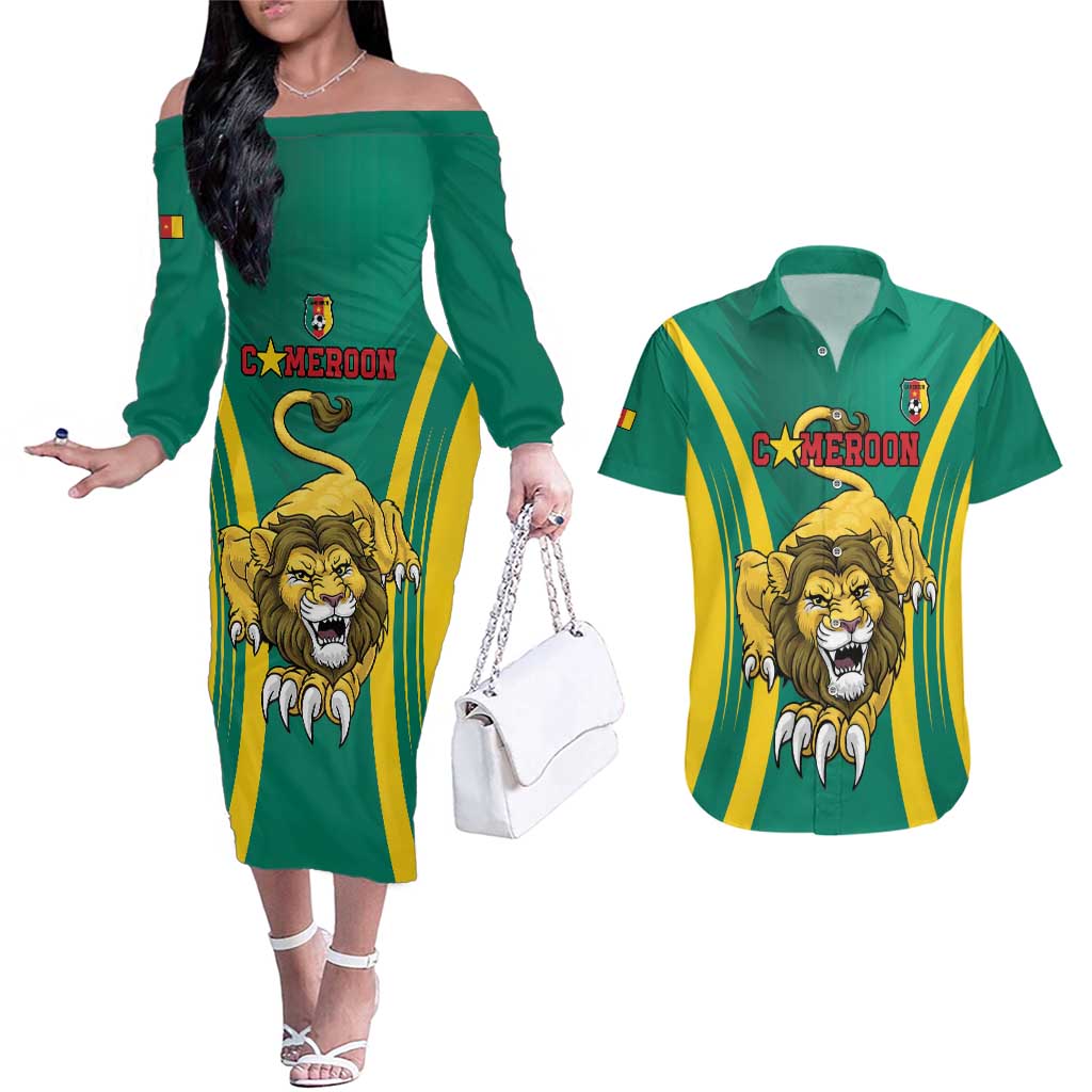 Custom Cameroon Football Couples Matching Off The Shoulder Long Sleeve Dress and Hawaiian Shirt Go Indomitable Lions