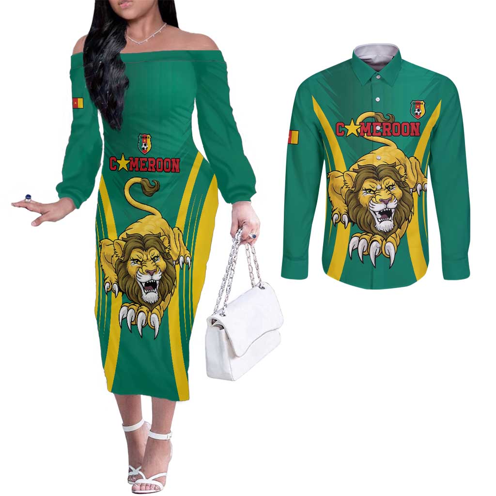 Custom Cameroon Football Couples Matching Off The Shoulder Long Sleeve Dress and Long Sleeve Button Shirt Go Indomitable Lions