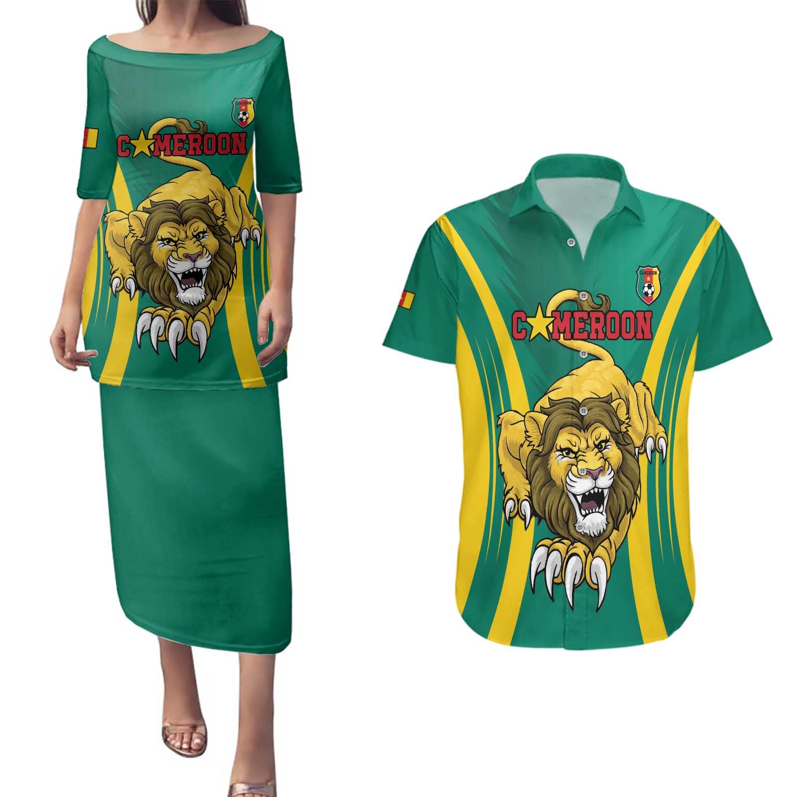 Custom Cameroon Football Couples Matching Puletasi and Hawaiian Shirt Go Indomitable Lions