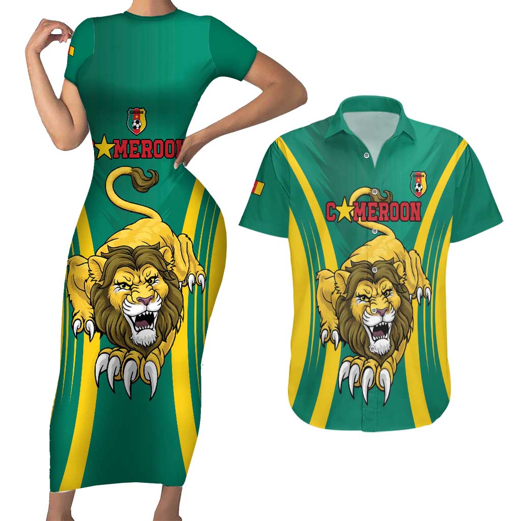 Custom Cameroon Football Couples Matching Short Sleeve Bodycon Dress and Hawaiian Shirt Go Indomitable Lions