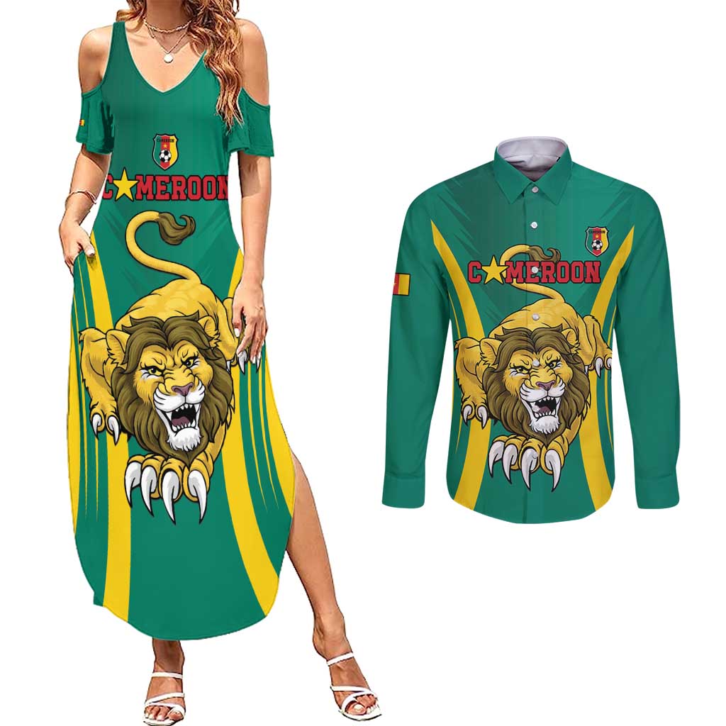 Custom Cameroon Football Couples Matching Summer Maxi Dress and Long Sleeve Button Shirt Go Indomitable Lions