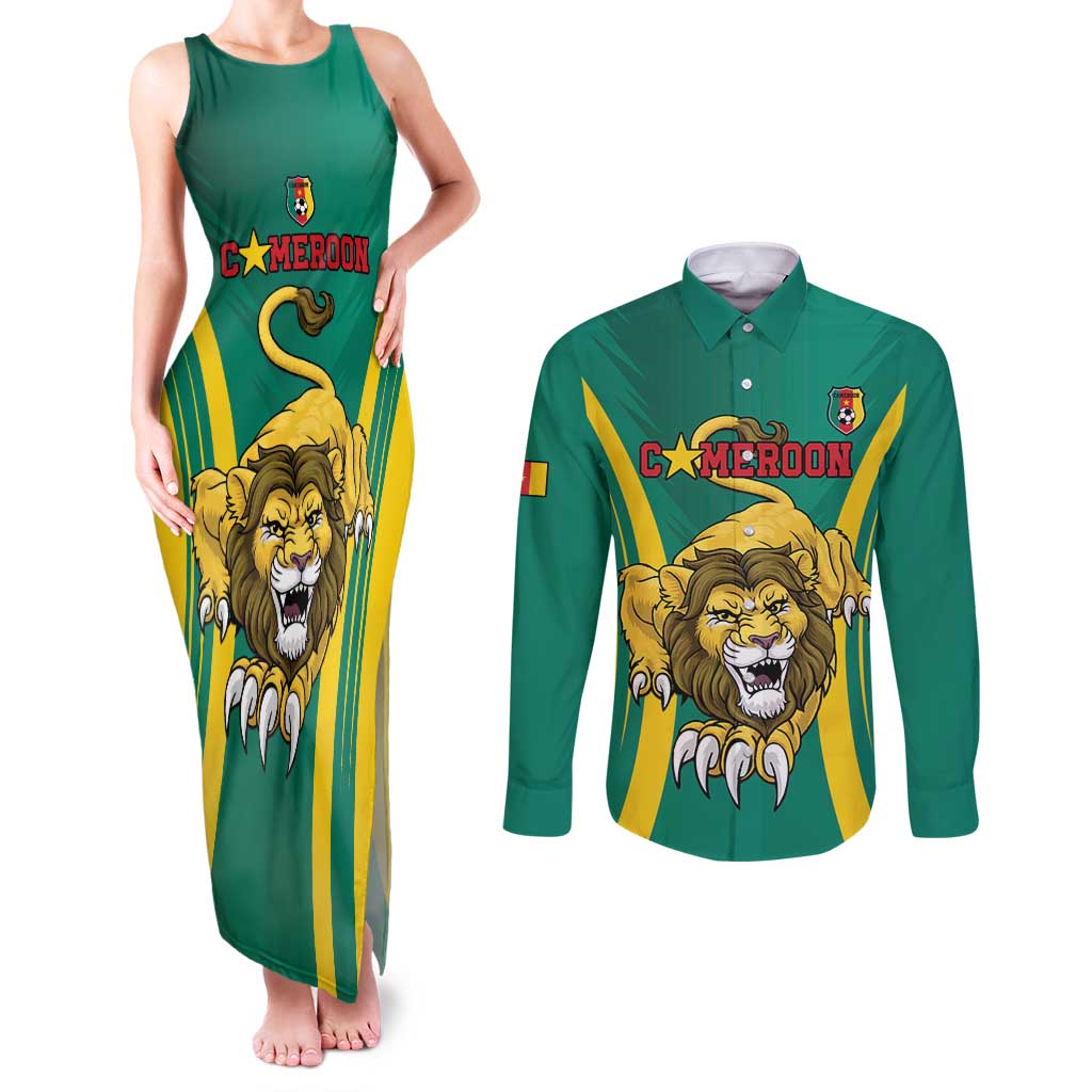 Custom Cameroon Football Couples Matching Tank Maxi Dress and Long Sleeve Button Shirt Go Indomitable Lions