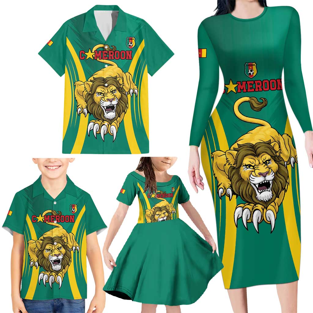 Custom Cameroon Football Family Matching Long Sleeve Bodycon Dress and Hawaiian Shirt Go Indomitable Lions