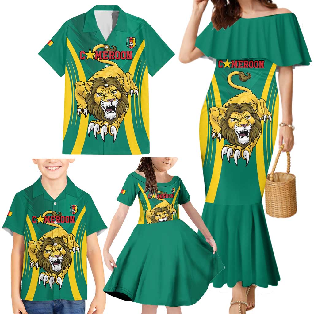 Custom Cameroon Football Family Matching Mermaid Dress and Hawaiian Shirt Go Indomitable Lions