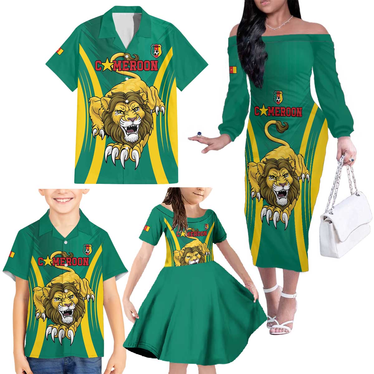 Custom Cameroon Football Family Matching Off The Shoulder Long Sleeve Dress and Hawaiian Shirt Go Indomitable Lions