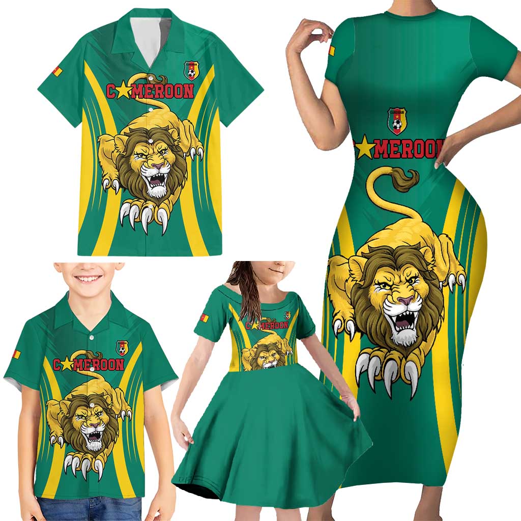 Custom Cameroon Football Family Matching Short Sleeve Bodycon Dress and Hawaiian Shirt Go Indomitable Lions