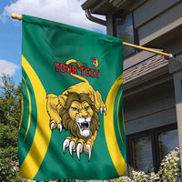 Cameroon garden flag on pole, green with yellow wave stripes, roaring lion, and 'Your Text'