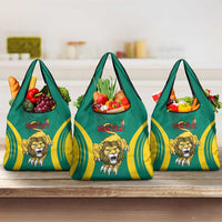 Green reusable grocery bag with lion emblem and 'Your Text' print, three-pack look.