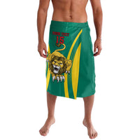 Green lavalava-style football skirt with lion print, yellow stripes, and red '15' logo