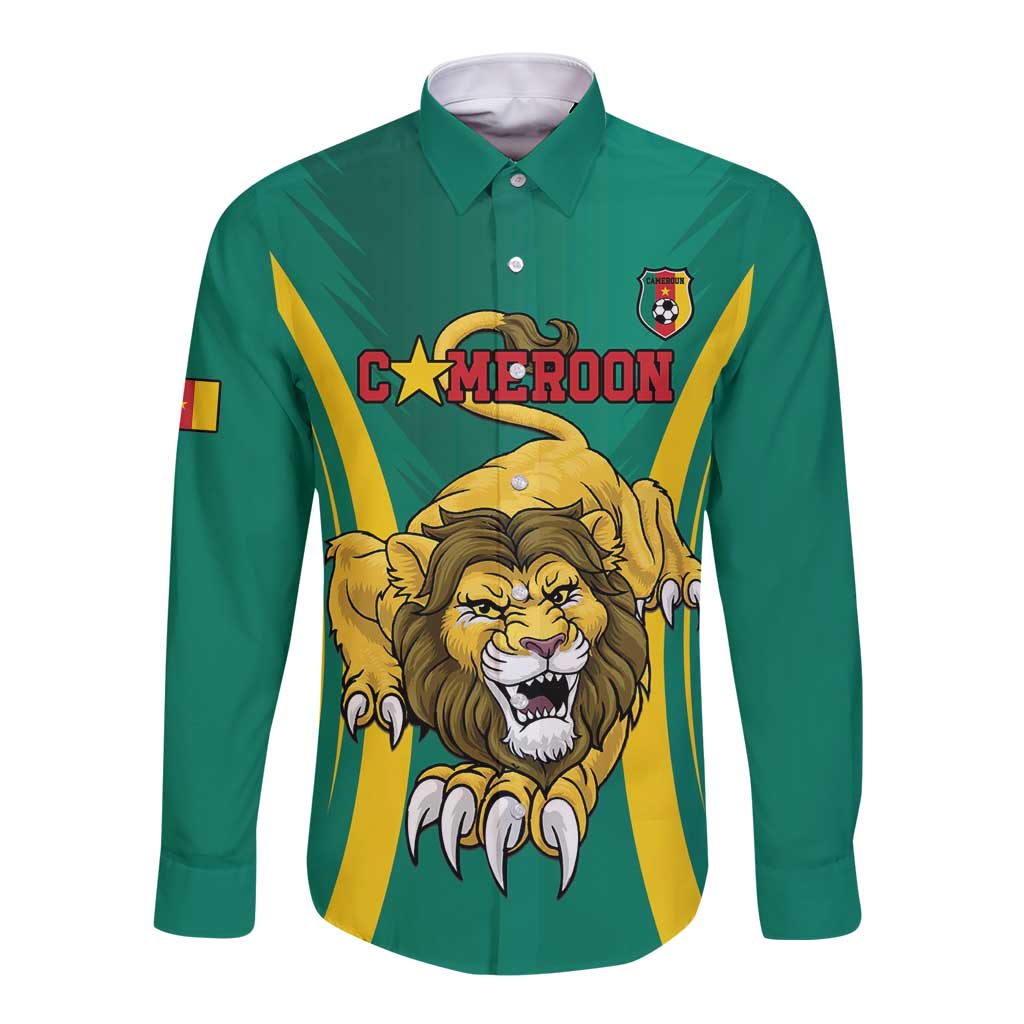 Green long-sleeve button shirt with lion crest graphic and yellow side stripes