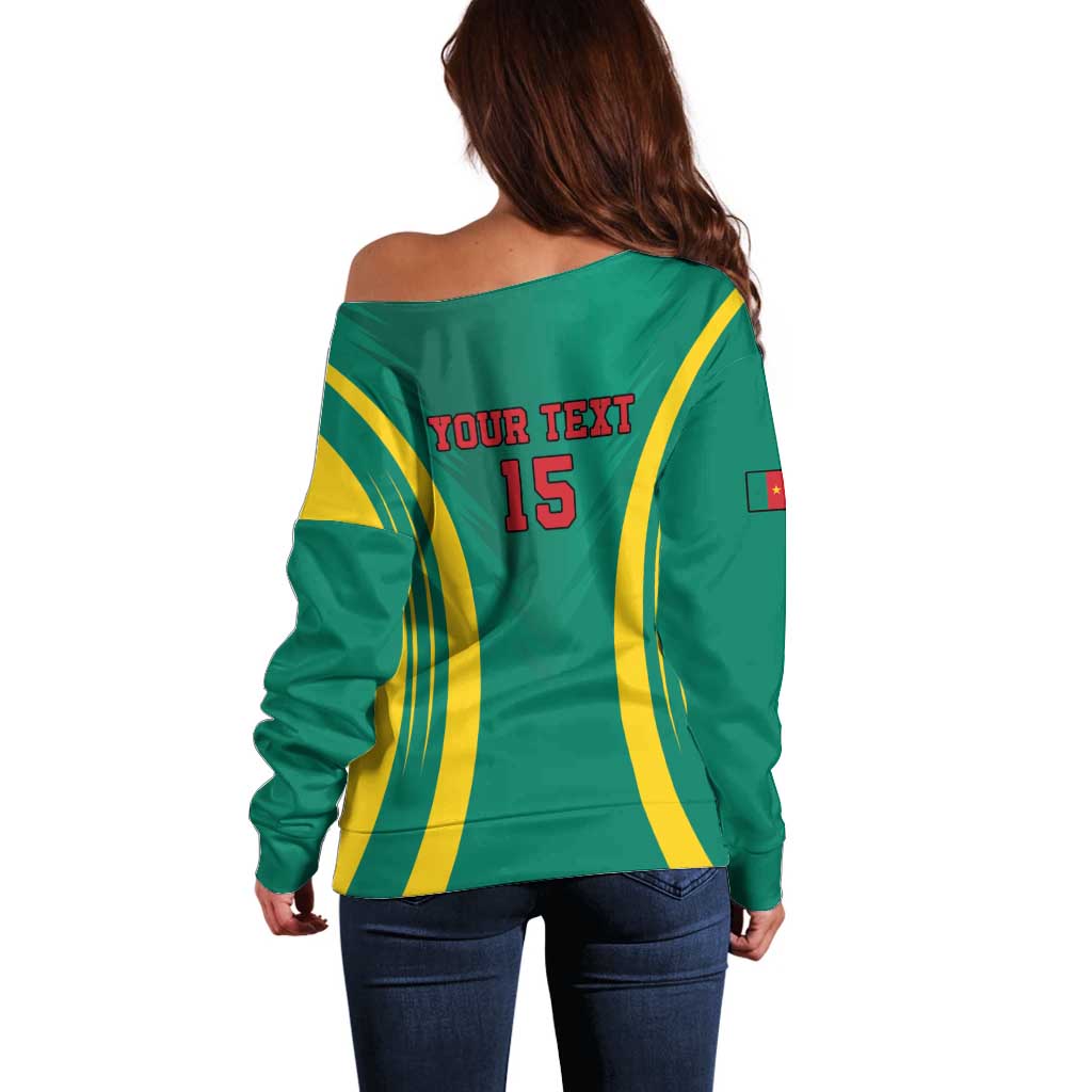 Green off-shoulder sweater, back view: yellow diagonal stripes and “YOUR TEXT 15”.