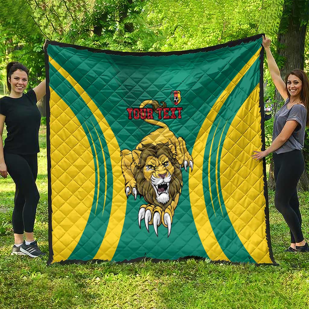 Green quilt with yellow curved stripes, lion emblem artwork and 'YOUR TEXT' on front