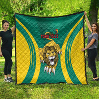 Green quilt with yellow curved stripes, lion emblem artwork and 'YOUR TEXT' on front