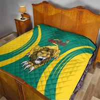 Green and yellow quilt with lion artwork and red 'YOUR TEXT' on the bedspread