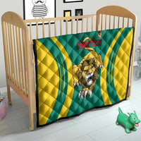 Green quilt with yellow wave stripes, lion artwork and 'YOUR TEXT' centered on front