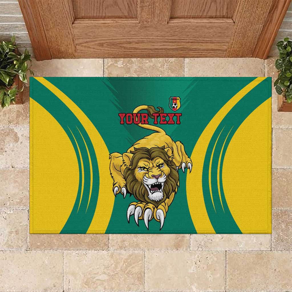 Green rubber football doormat with lion face graphic and 'YOUR TEXT' in yellow and green