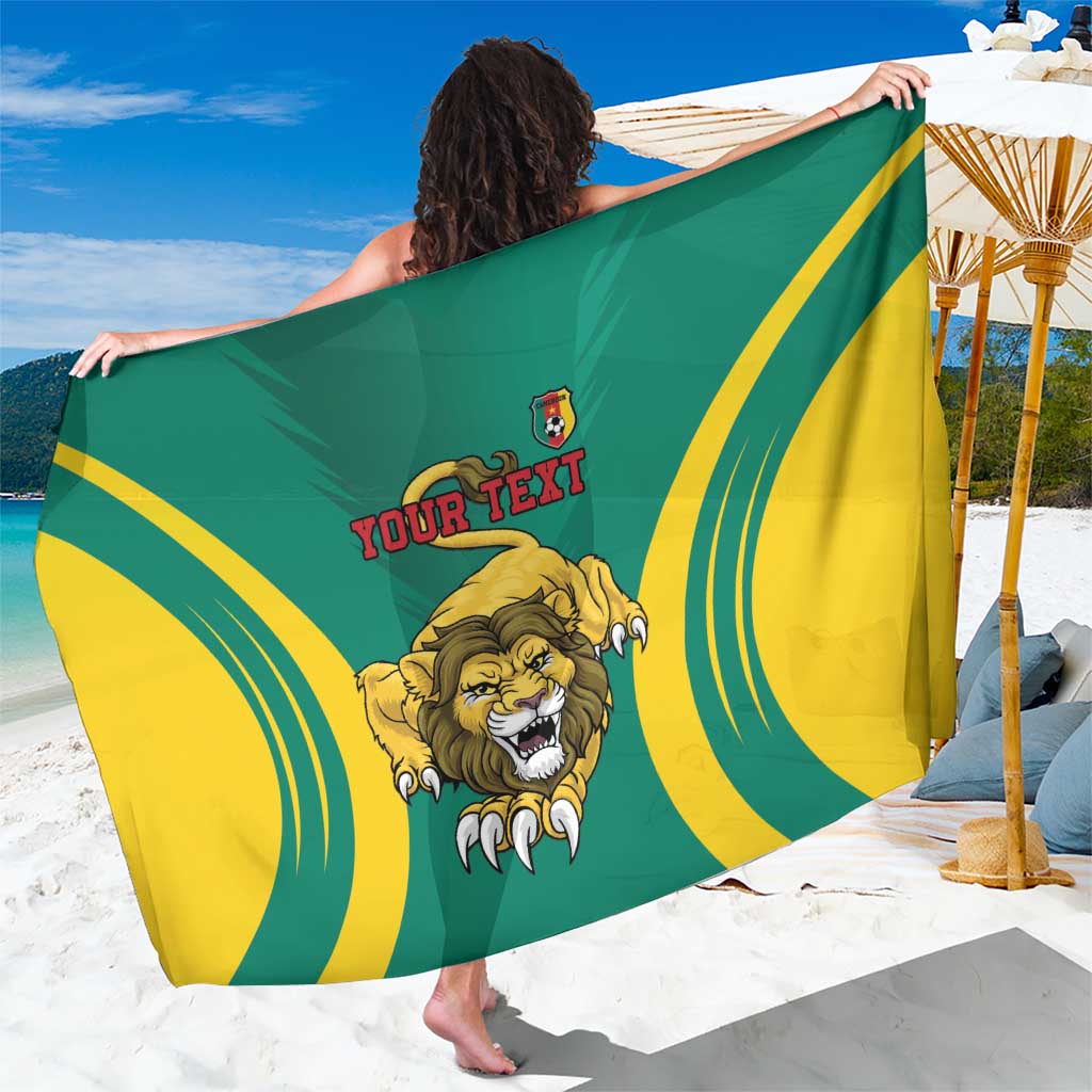 Green and yellow lion graphic sarong with curved stripe design and red "YOUR TEXT"