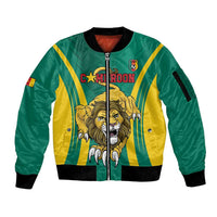Unisex green zip bomber jacket with lion graphic and yellow stripes, ribbed cuffs