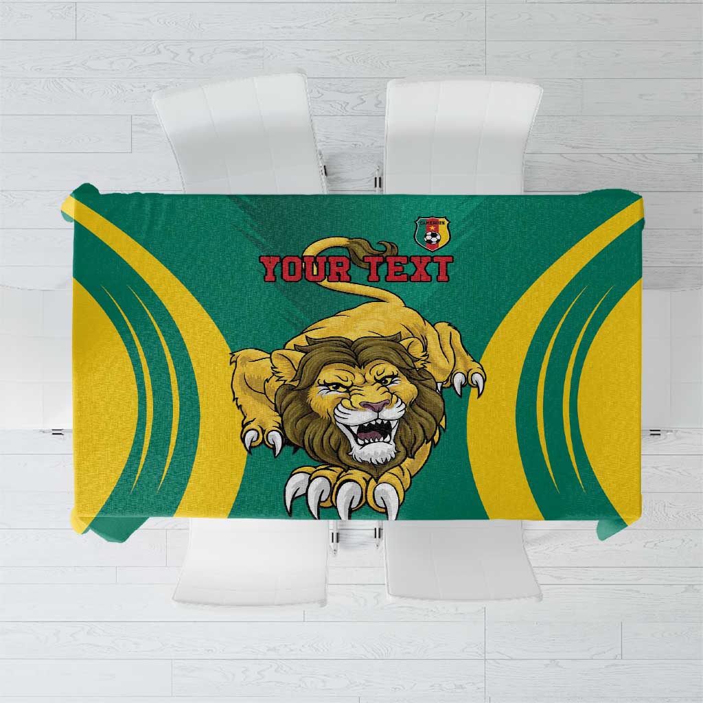 Custom green football tablecloth with lion crest, 'YOUR TEXT' and yellow curved stripes