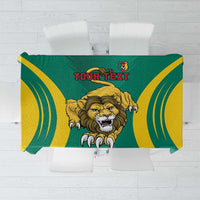 Custom green football tablecloth with lion crest, 'YOUR TEXT' and yellow curved stripes
