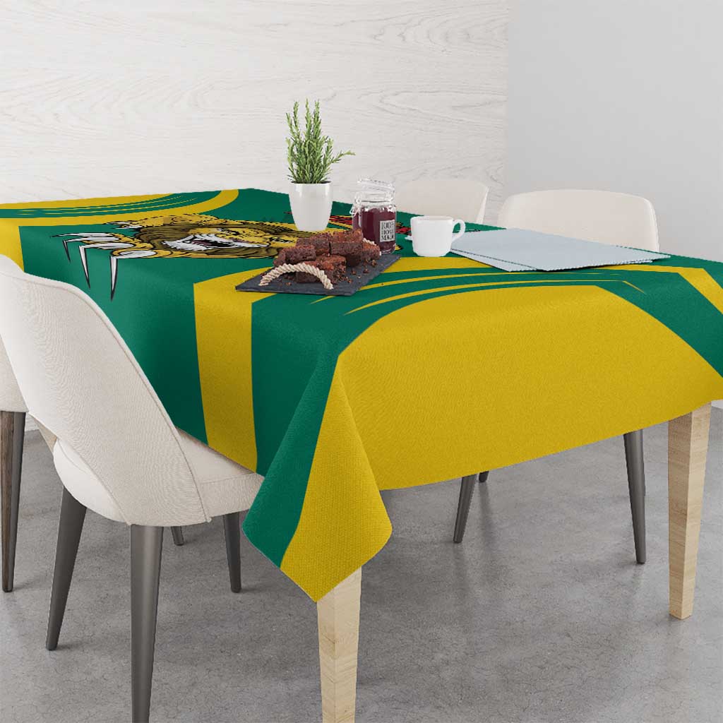 Green and yellow football tablecloth with draped corners and wide stripe panels