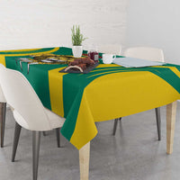 Green and yellow football tablecloth with draped corners and wide stripe panels